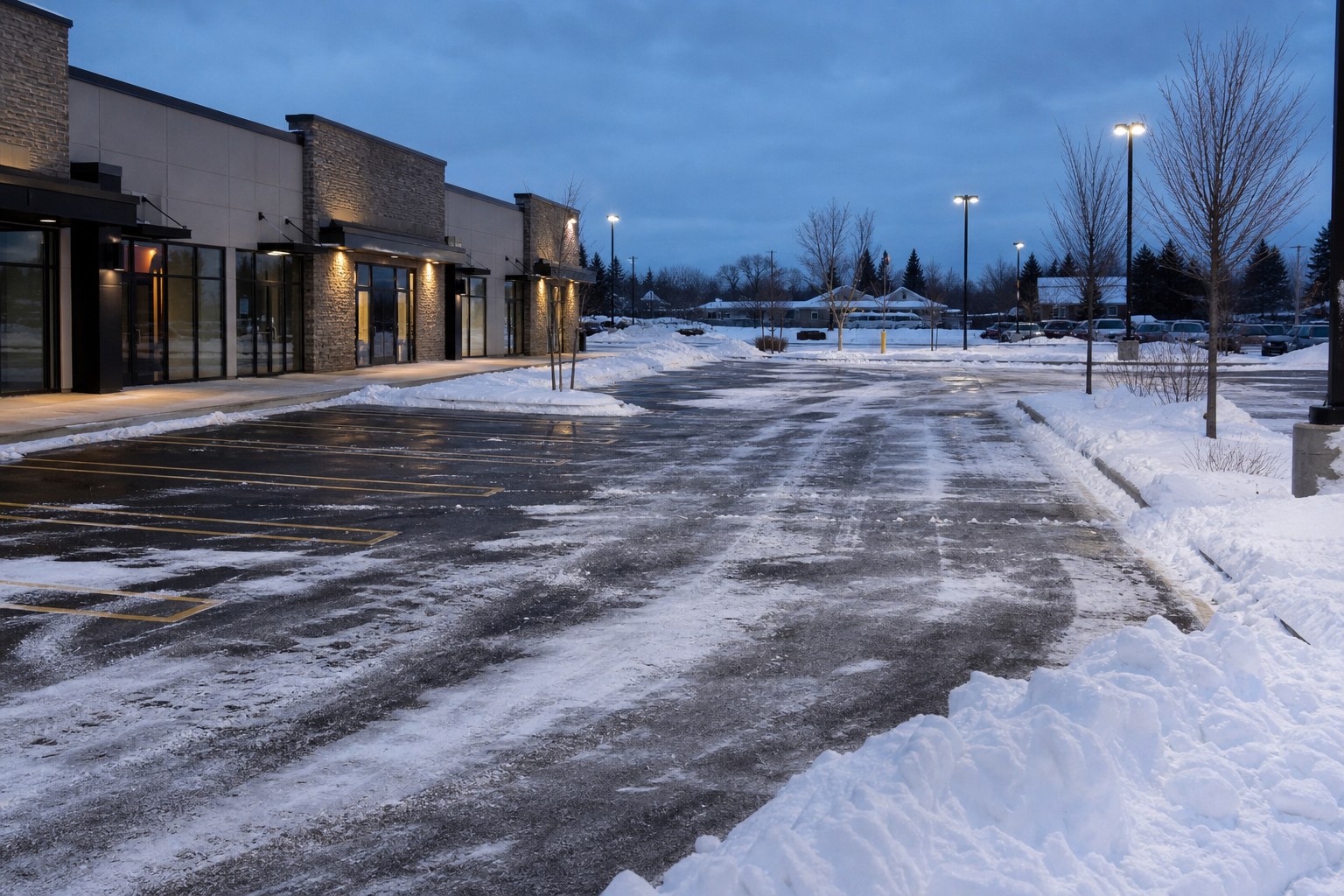 Cleared commercial parking lot and access lanes after winter service
